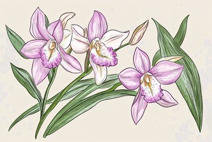 手绘紫色兰花与绿叶