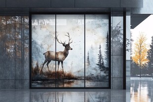 鹿立森林间艺术玻璃画面