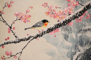 雪中红梅栖鸟图