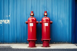 蓝色墙边的双红色消防栓