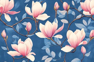 蓝底玉兰花枝唯美图案