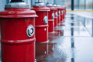 一排红色消防栓