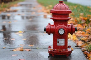 路边红消防栓与落叶景象