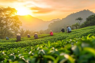 夕阳下的茶园采茶景象