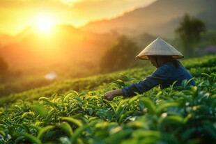 夕阳下的茶园采茶人