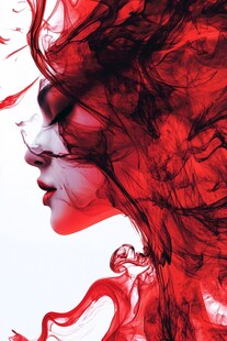 红墨绘就的梦幻女性侧影