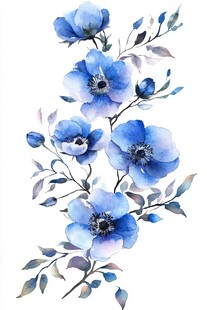蓝色水彩风花朵插画