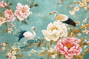 花鸟绘景 牡丹仙鹤图