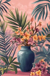 热带花卉插于蓝花瓶中