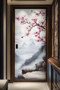 中式玄关玉兰花山水壁画