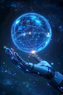 机械手掌托着发光数据地球