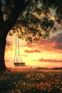 夕阳下大树旁的静谧秋千