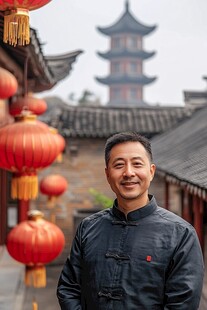 中式庭院中的微笑男子