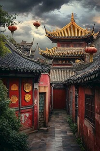 古巷中式建筑红灯笼之景