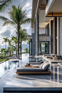 现代奢华泳池边的休憩空间