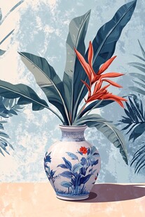 青花瓷瓶中的艳丽鹤望兰