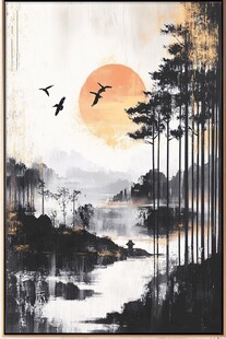 落日飞鸟映山林水墨画