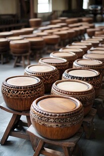 室内整齐排列的精美鼓乐器