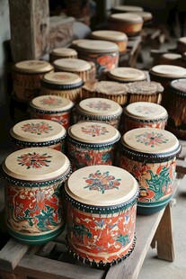 传统彩绘鼓整齐陈列