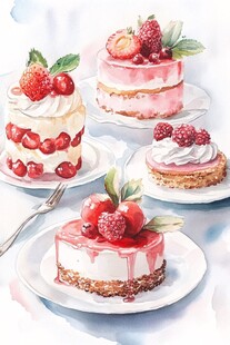 美味草莓蛋糕水彩插画欣赏