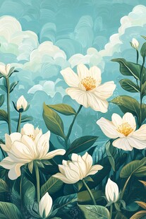 蓝天下绽放的美丽白花朵