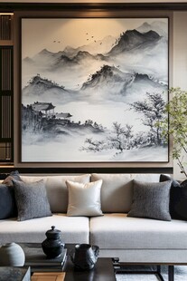 中式客厅里的山水墨画装饰