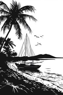 黑白海滨帆船风景图