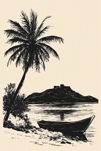 椰树下的孤舟与远方岛屿