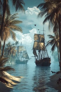 热带海域中的古老帆船景观