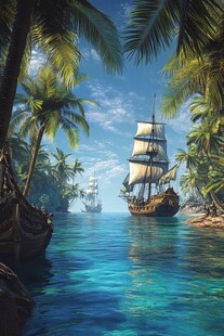 热带海域中的古老帆船