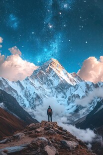 仰望珠峰星空下的孤独旅人
