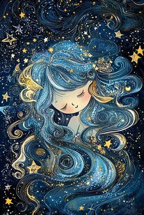 梦幻星空下的卷发蓝发少女