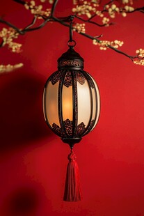 中式红灯笼与绽放花枝