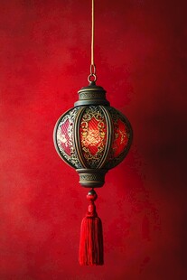 中式古典红灯笼悬于红背景