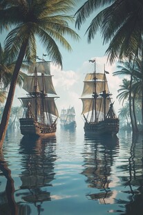 热带海域中的古老帆船