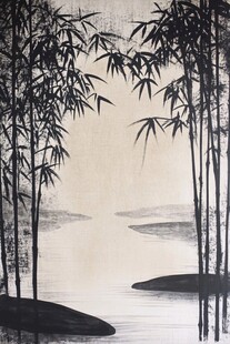 水墨竹林间的静谧河景