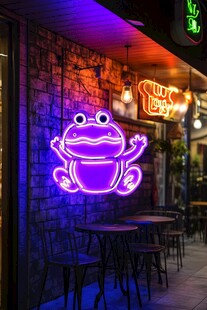 紫色青蛙霓虹灯下的休闲区