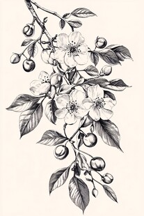 黑白手绘花卉枝叶图