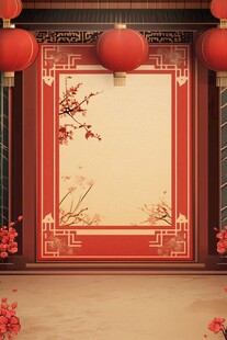 中式喜庆背景 红灯笼与梅花