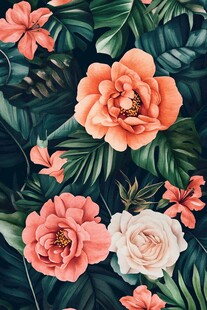 热带花卉与绿叶图案设计