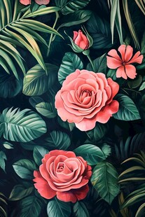 粉红玫瑰与热带绿叶插画