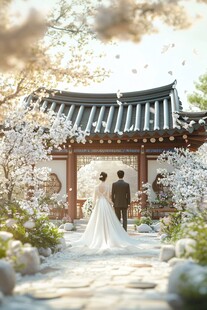 中式庭院中的浪漫婚纱身影