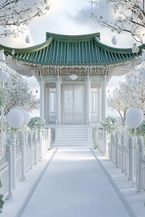 中式亭阁的梦幻雪景氛围
