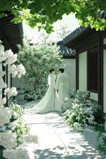 中式庭院中的浪漫婚纱情侣