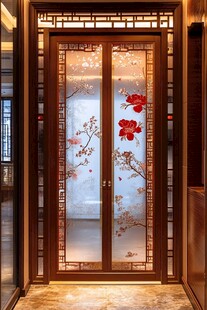 中式雕花双开木质玻璃门