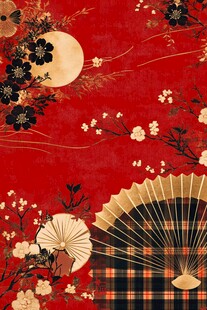 中式红底花卉折扇古风图