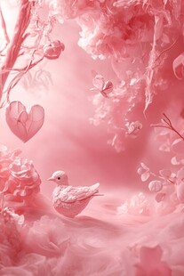 梦幻粉色世界中的可爱小鸭