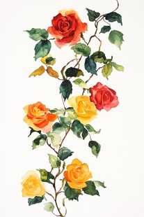 水彩绘就的多彩玫瑰藤蔓