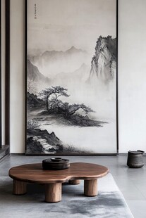 中式山水挂画搭配木质茶几