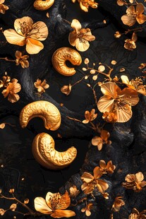 黑金背景下的金饰与花卉